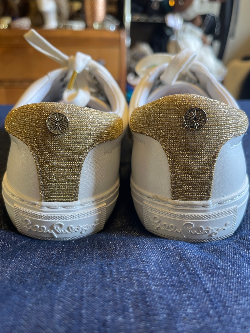 Lilly Pulitzer Leather White Sneakers with Gold Accents - Picture 3 of 8